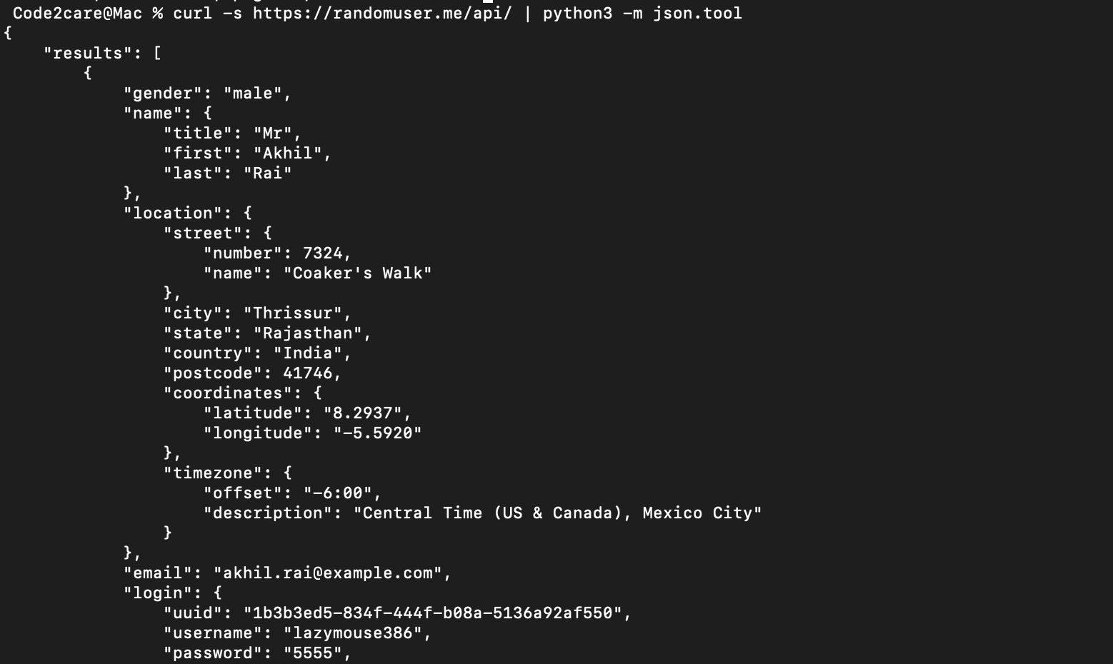 Pretty Print cURL JSON Output using Python json tool